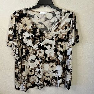 Calvin Klein Women's Floral Short Sleeve Top - Black, White, and Brown